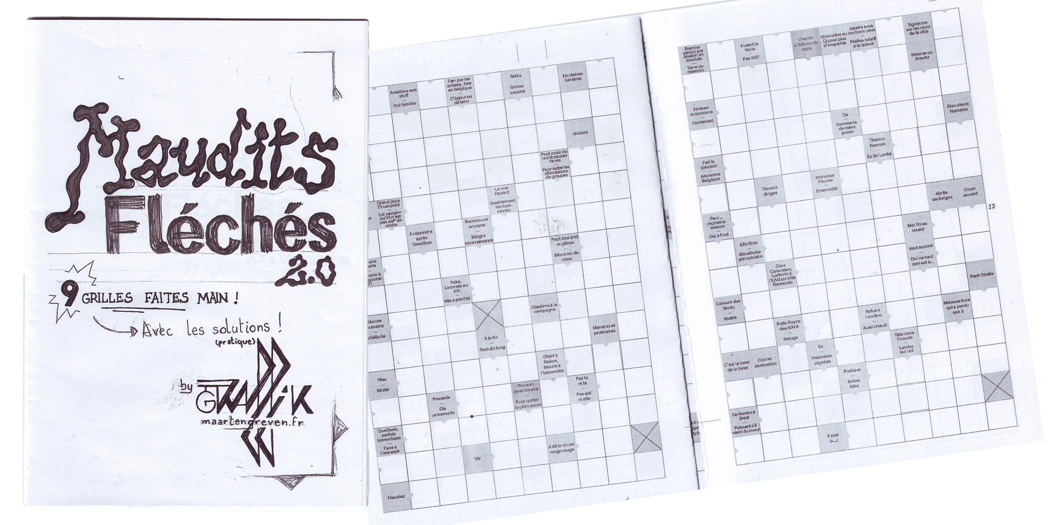 Cover et deux grilles mots fléchés extraites de Maudits-Fléchés